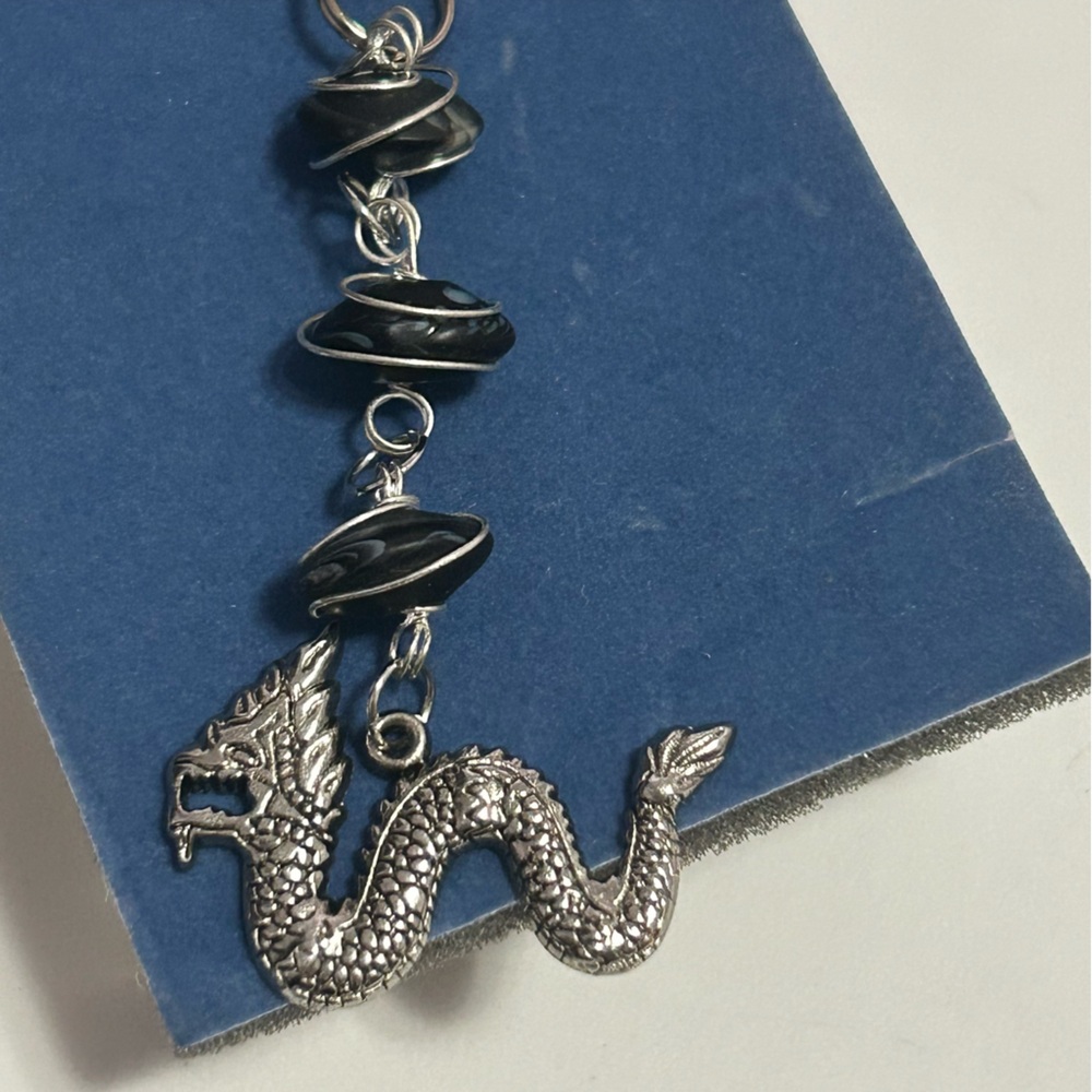Handmade Silver Dragon Phone Strap Bag Charm Black Beads